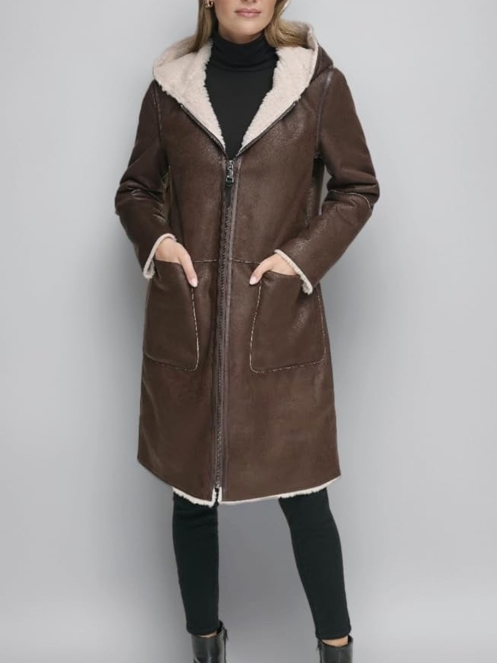 DKNY Faux Suede Sherling Front Zip Mid Length Coat size Small - Picture 3 of 13